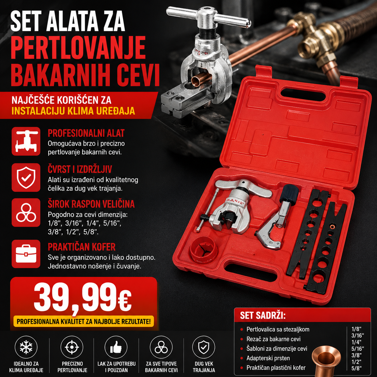 Set alata za pertlovanje bakarnih cijevi