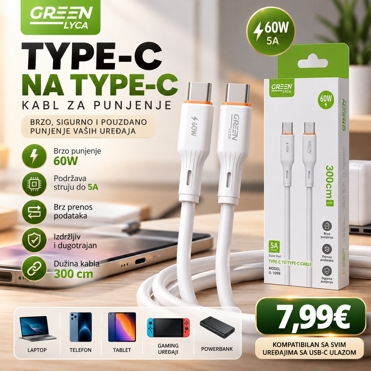 Kabl za brzo punjenje 60W-USB-C na USB – 3 metra