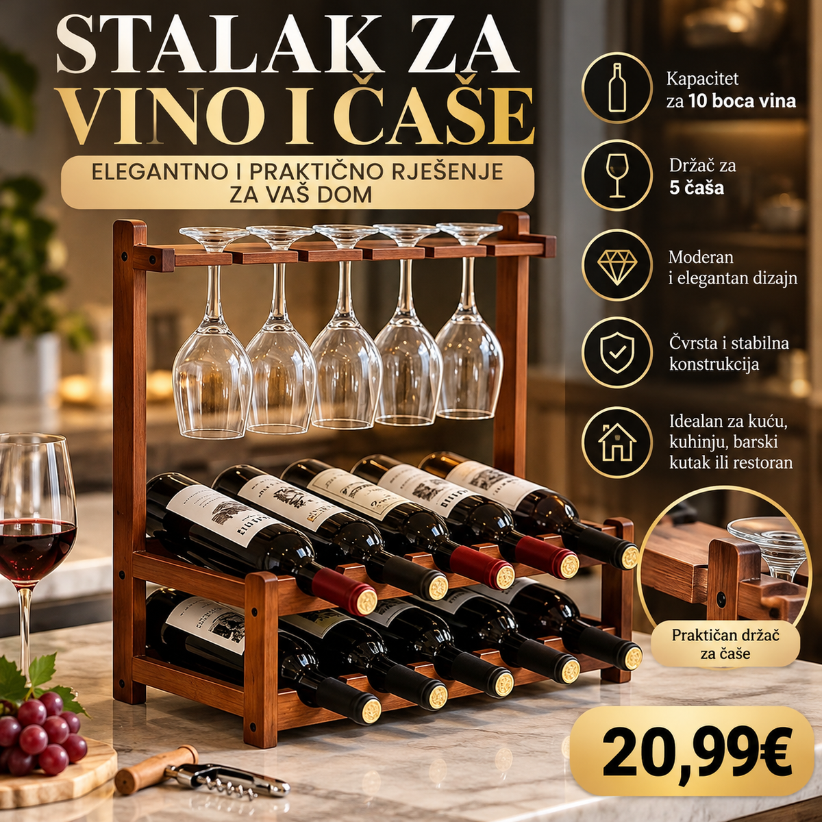 Stalak za vino i čaše – Drveni organizer za 10 boca i 5 čaša