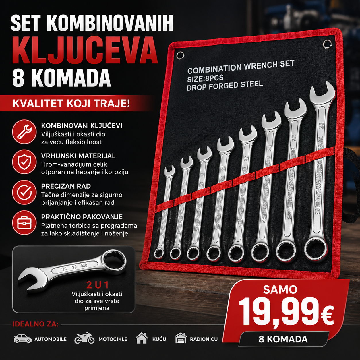 Set kombinovanih ključeva 8/1 – Viljuškasto-okasti ključevi u platnenoj torbi