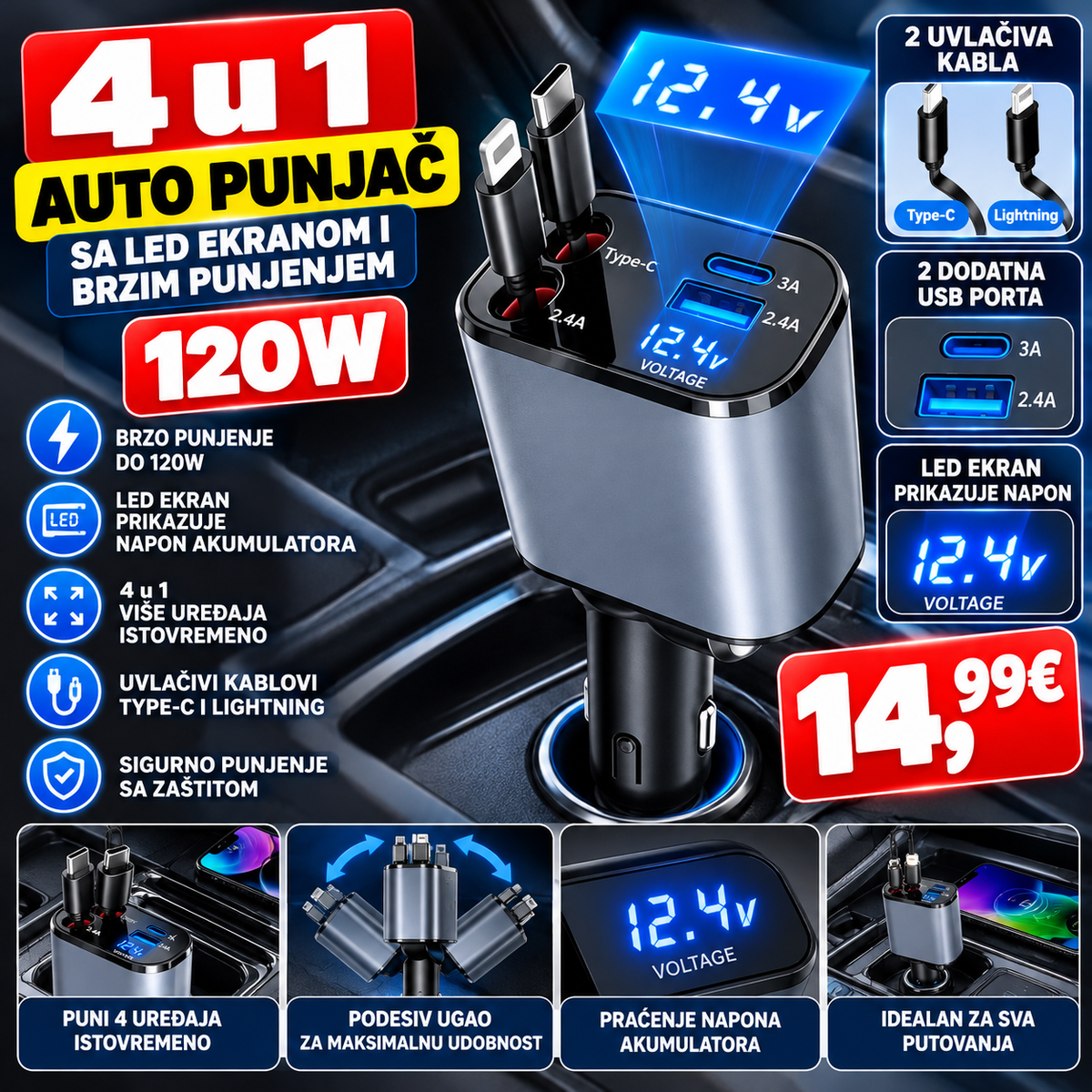 4 u 1 Auto Punjač sa LED Ekranom i Brzim PUNJENJEM (120W)