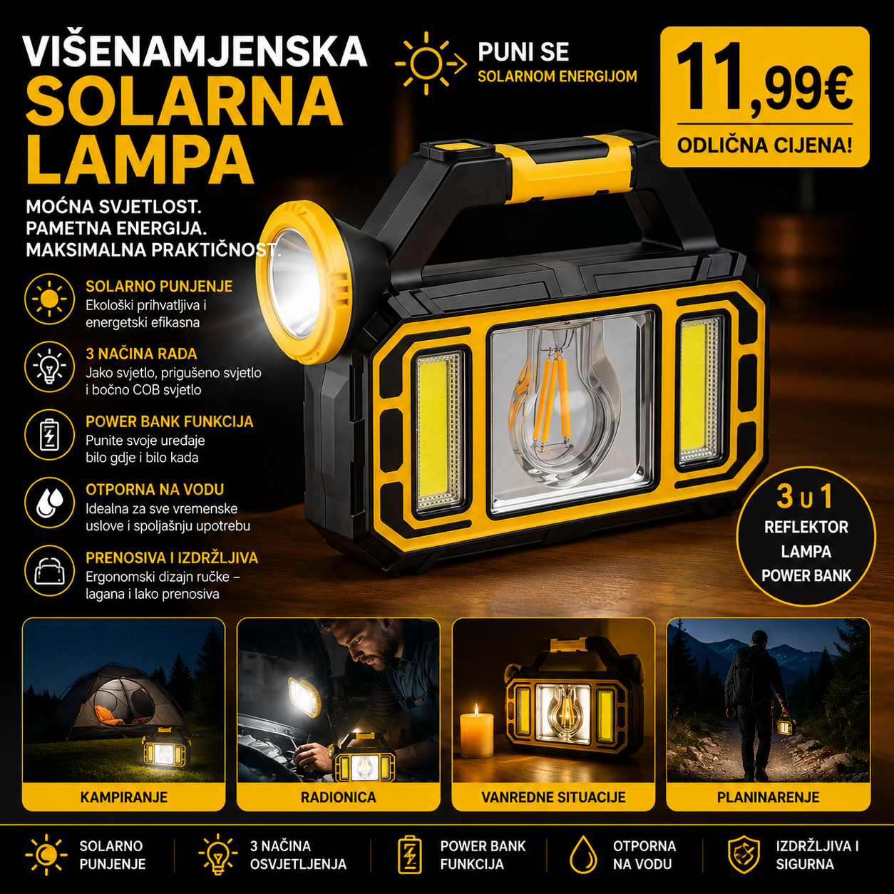 Visenamjenska solarna lampa prenosiva
