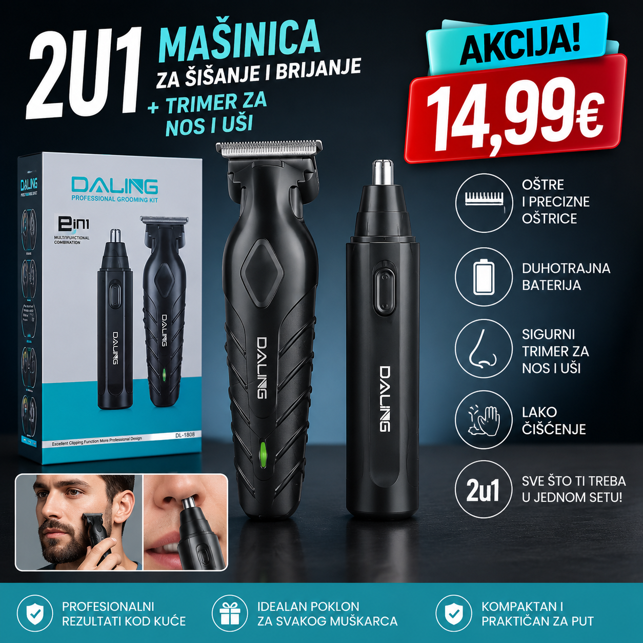 2u1 masinica za sisanje i brijanje i trimer za nos i usi