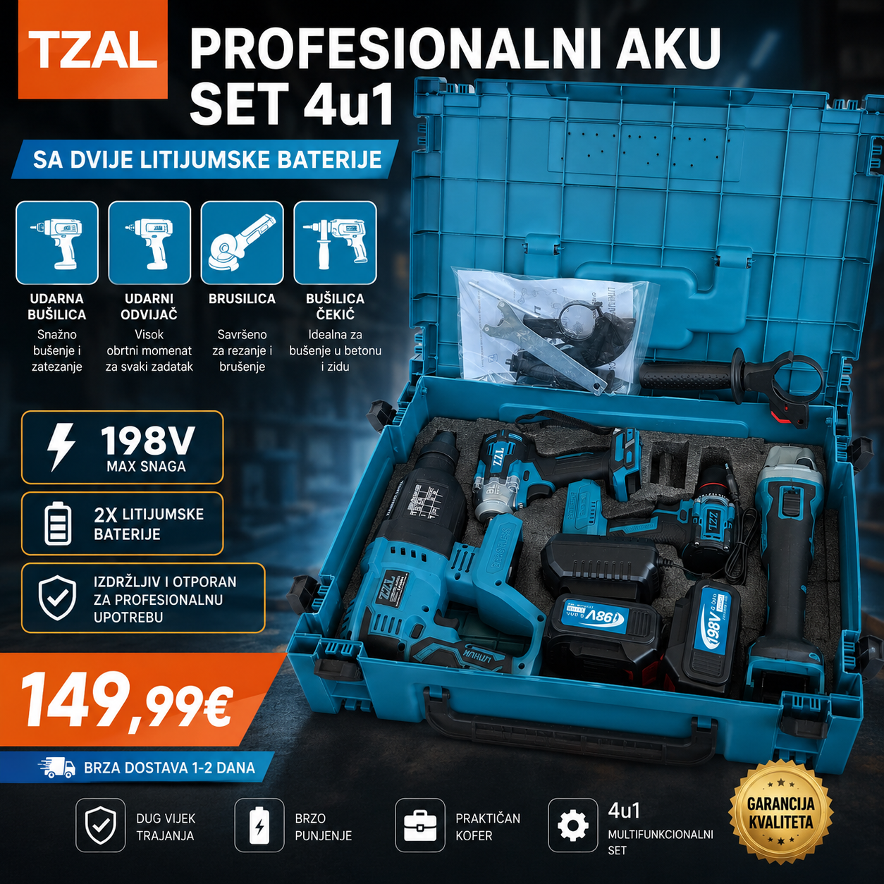Profesionalni Aku set 4u1 sa dvije litijumske baterije 198V (6.0 Ah): udarni odvijač, brusilica, šrafilica, bušilica sa čekićem (hilti)