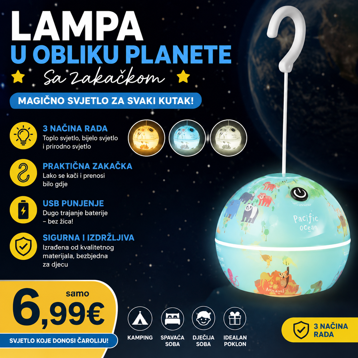 Lampa u obliku planete sa zakačkom sa tri načina rada