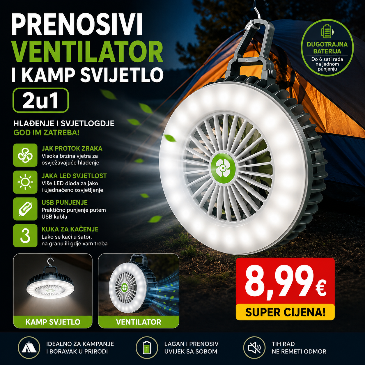 Prenosivi Ventilator i Kamp Svijetlo 2u1