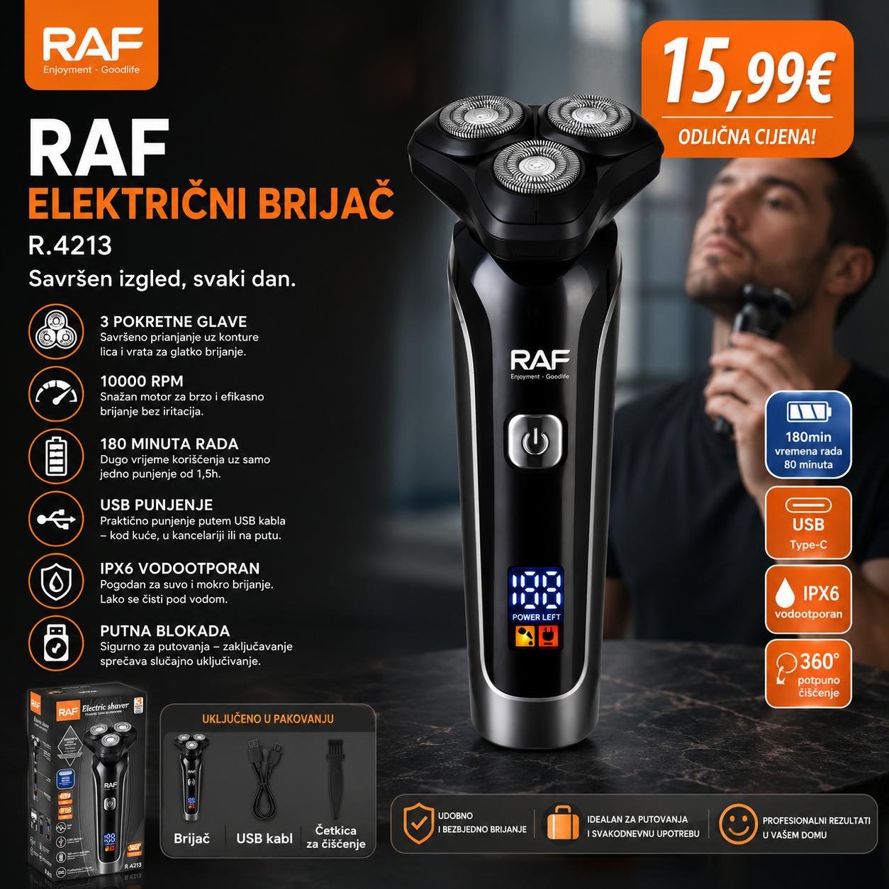RAF Električni Brijač – 10000 RPM, USB punjenje, 180 min rada, IPX6 vodootporan