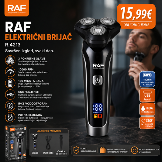 RAF Električni Brijač – 10000 RPM, USB punjenje, 180 min rada, IPX6 vodootporan