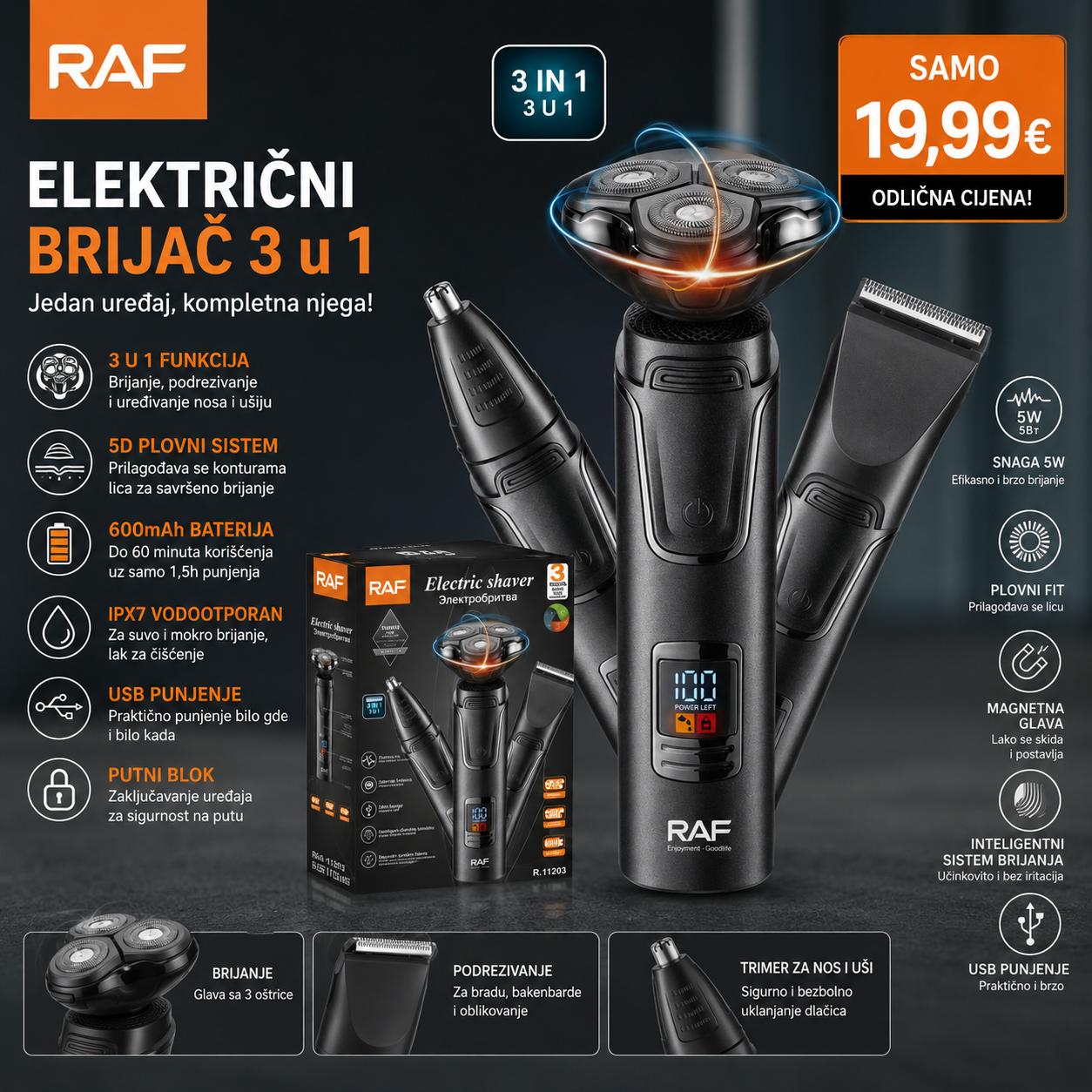 RAF – Električni brijač 3 u 1 (IPX7, USB, LED display)