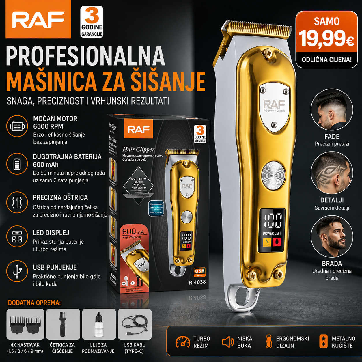 RAF R.4038 – Profesionalna mašinica za šišanje (zlatna)