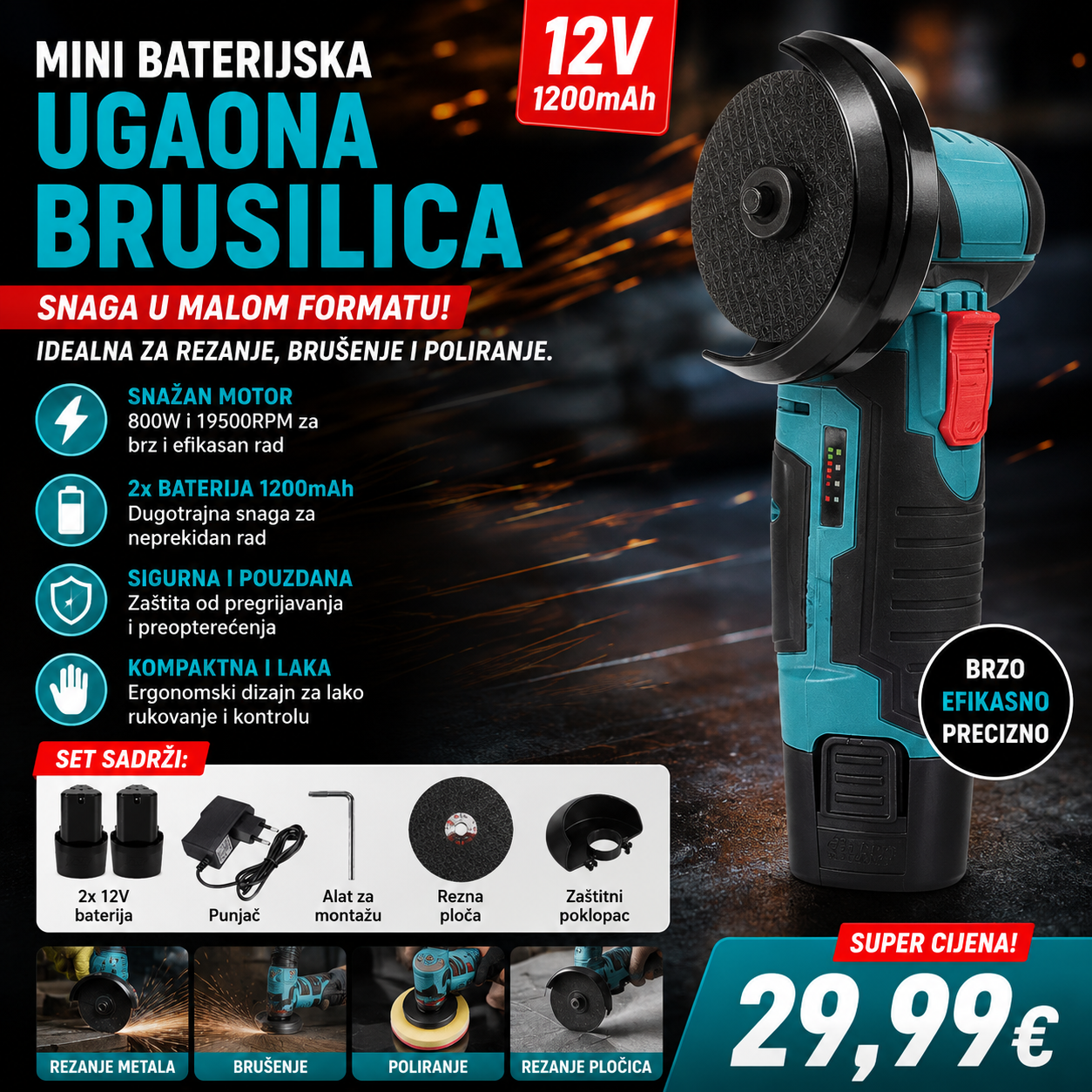 Mini baterijska ugaona brusilica 12V (1200mAh)