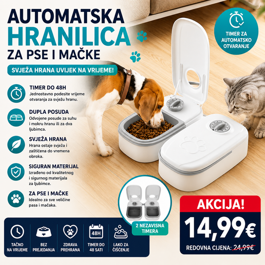 Automatska hranilica za pse i mačke sa duplom posudom za hranu i tamjerom za automatsko otvaranje