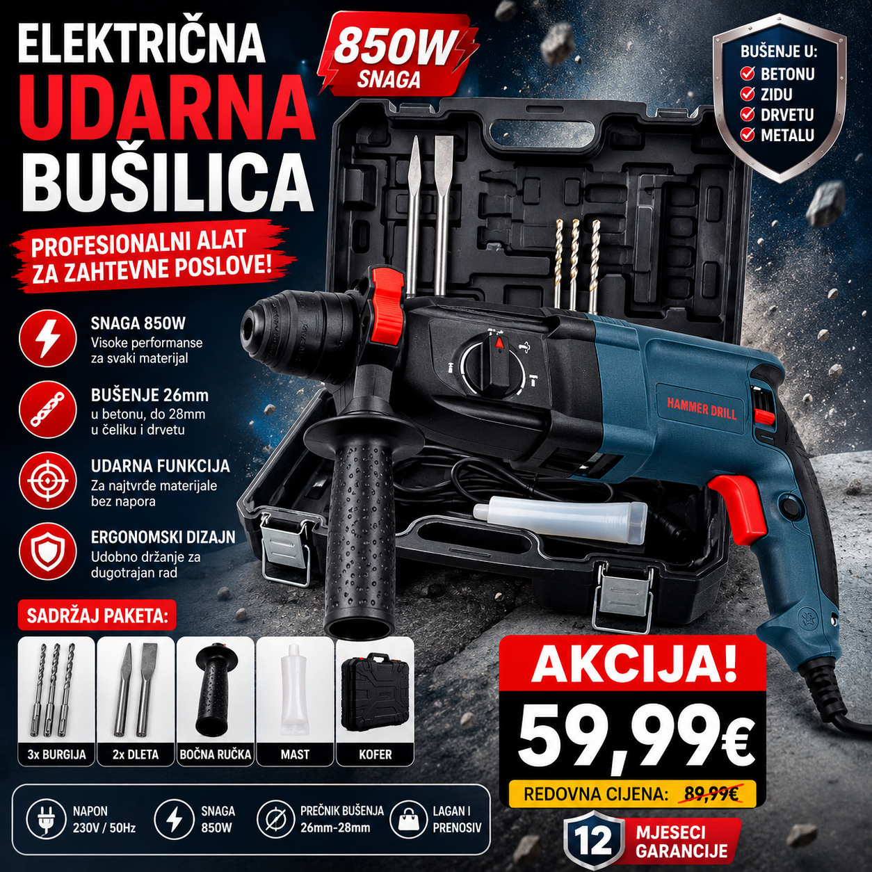 Električna udarna bušilica ( hilti) 850 W (26mm-28mm)