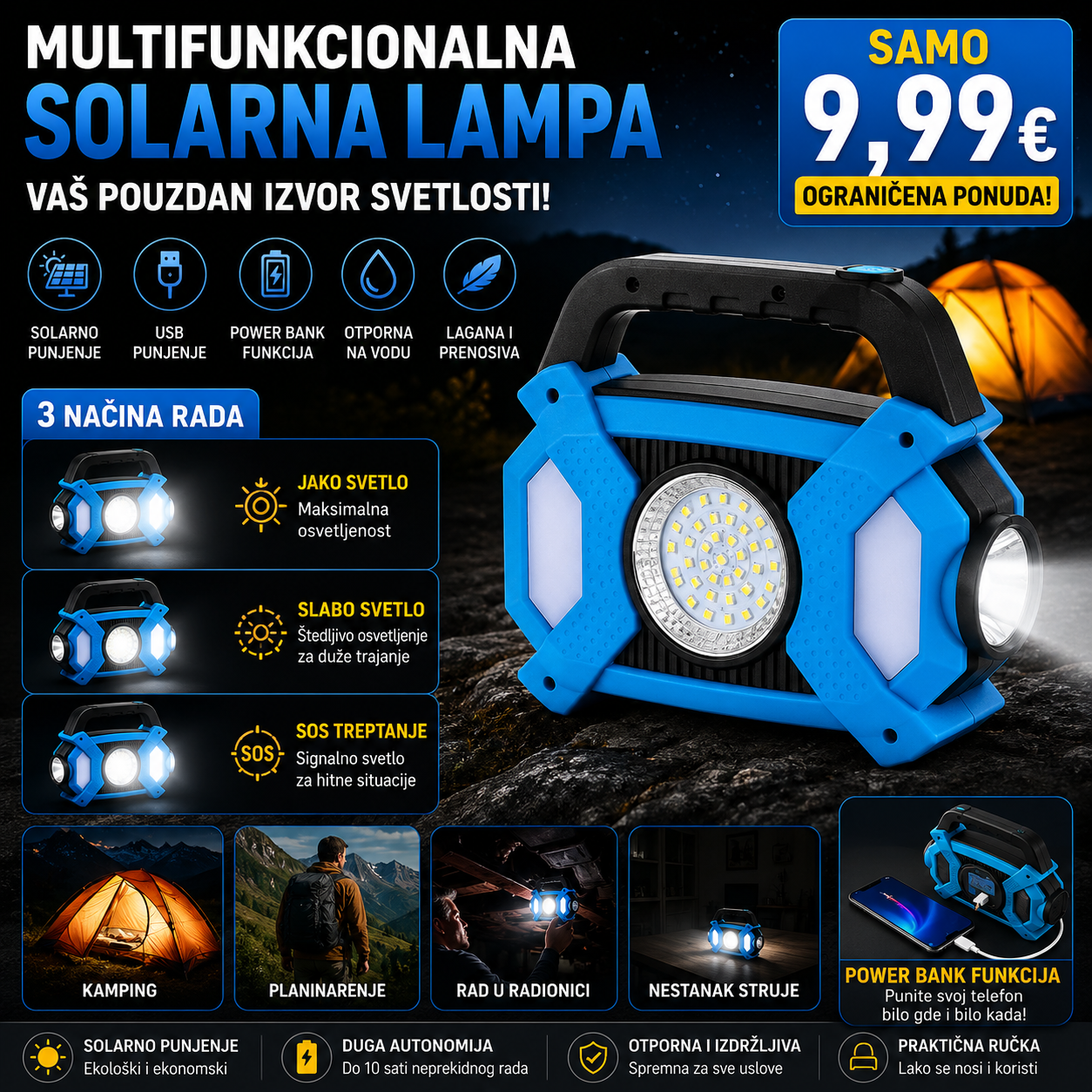 Multifunkcionalna solarna lampa sa 3 načina rada