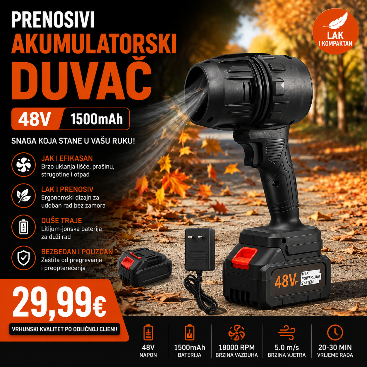 Prenosivi Akumulatorski Duvač – 48v,1500mAh + 1 baterija