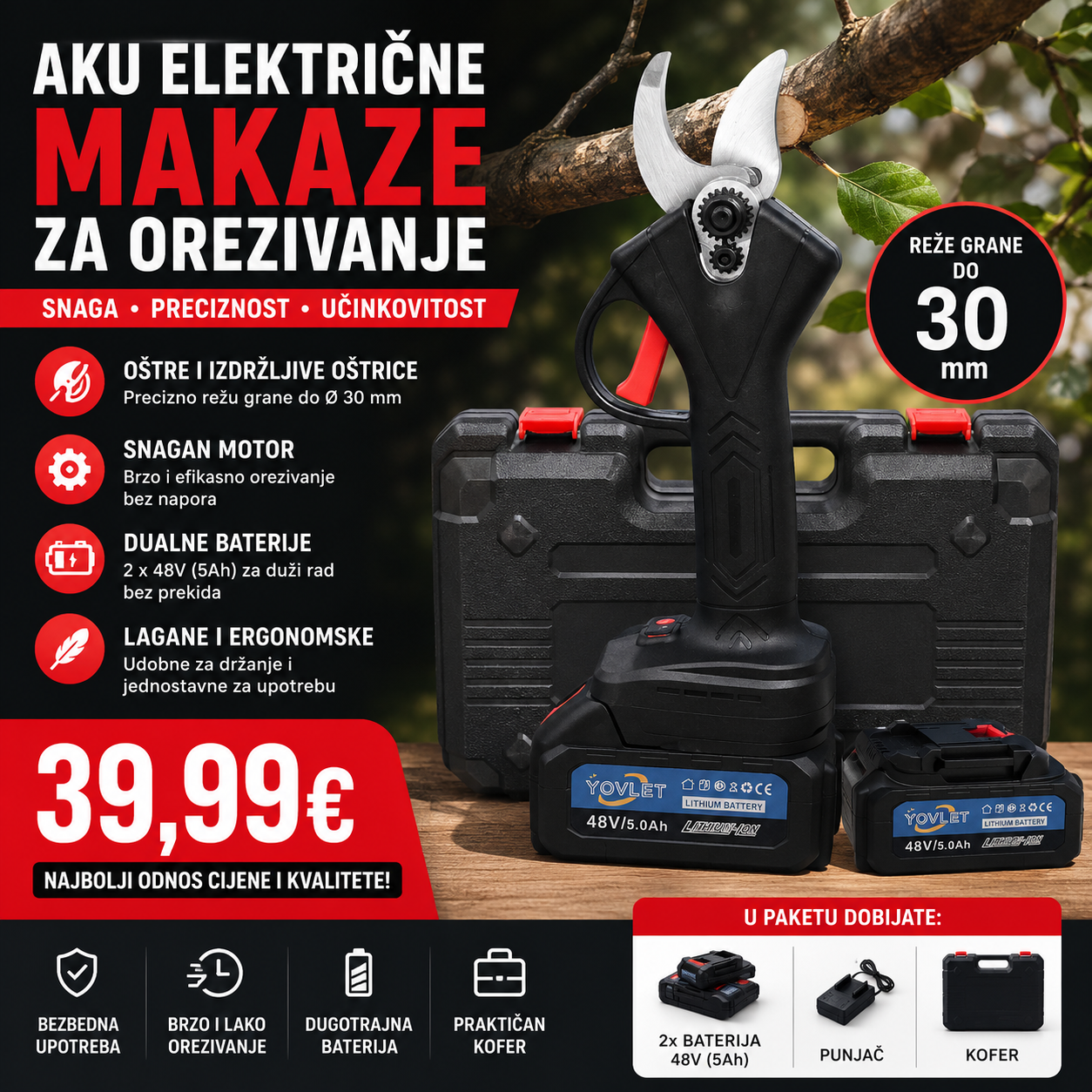 Aku električne makaze za orezivanje sa dvije 48V (5Ah)