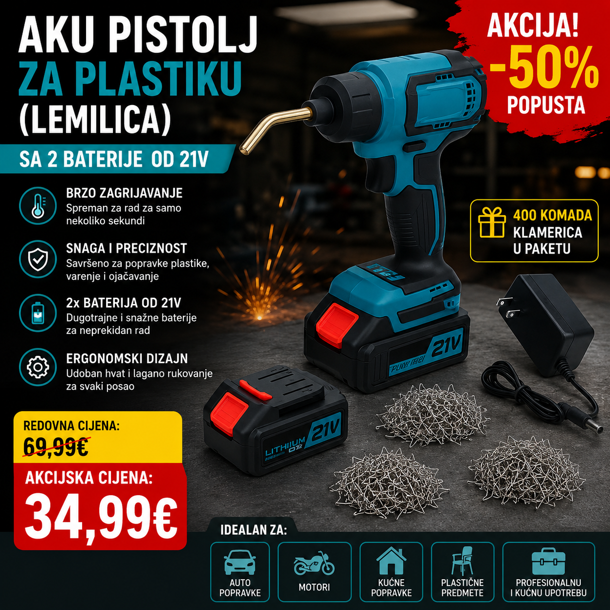 Aku pistolj za plastiku (lemilica) sa 2 baterije od 21V