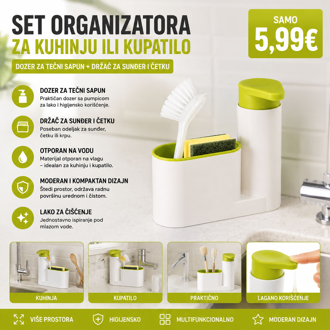 SET ORGANIZATORA ZA KUHINJU ILI KUPATILO DOZEROM ZA TEČNI SAPUN