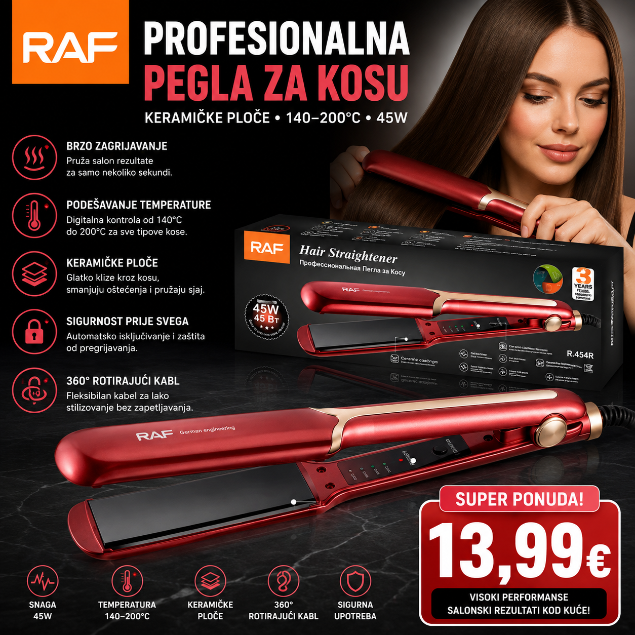 RAF Profesionalna Pegla za Kosu – Keramičke ploče, 140–200°C, 45W