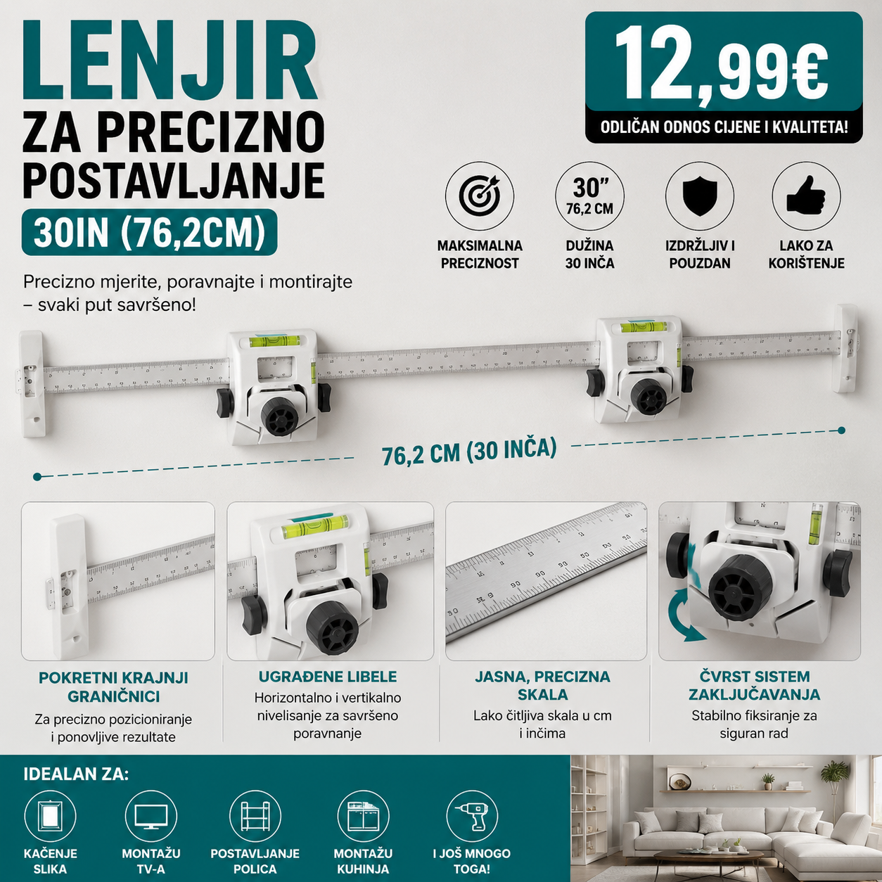 Lenjir za precizno postavljanje 30inc (76,2cm)