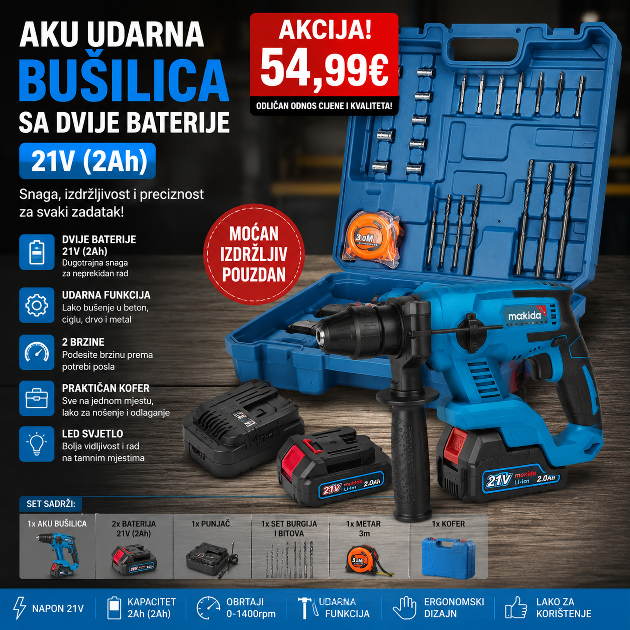 Aku udarna bušilica sa dvije baterije 21V( 2Ah)