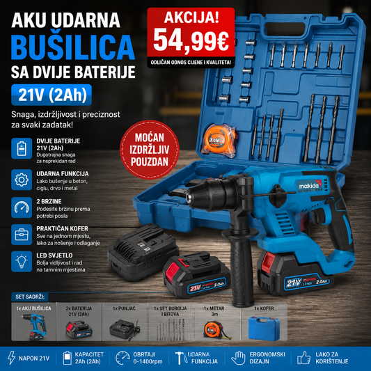 Aku udarna bušilica sa dvije baterije 21V( 2Ah)