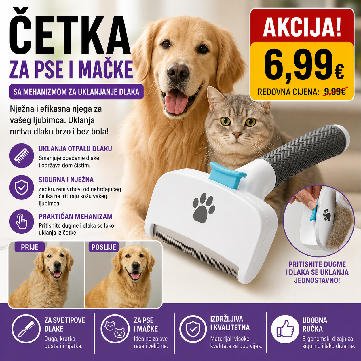 Cetka za pse i macke sa mehanizmom za ukljanjanje dlaka