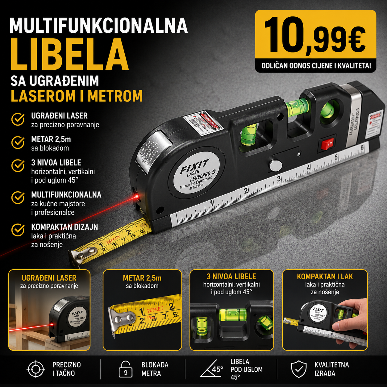 Multifunkcionalna libela sa ugradjenim laserom i metrom
