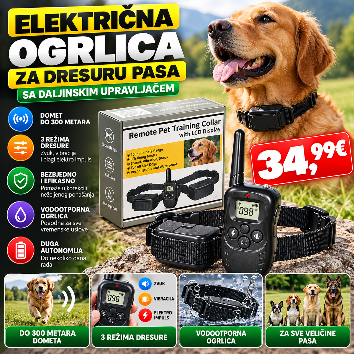 Električna ogrlica za dresuru pasa sa daljinskim upravljačem