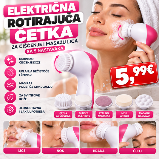 Elektricna rotirajuca cetka za ciscenje i masazu lica sa 5 nastavaka