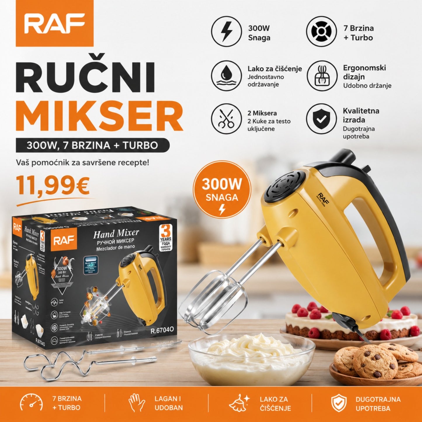RAF Ručni Mikser – 300W, 7 Brzina + Turbo