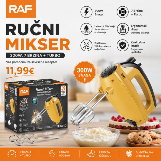 RAF Ručni Mikser – 300W, 7 Brzina + Turbo