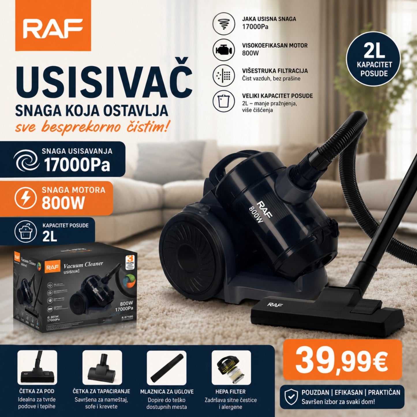RAF usisivač 800W sa usisnom snagom od čak 17.000 Pa