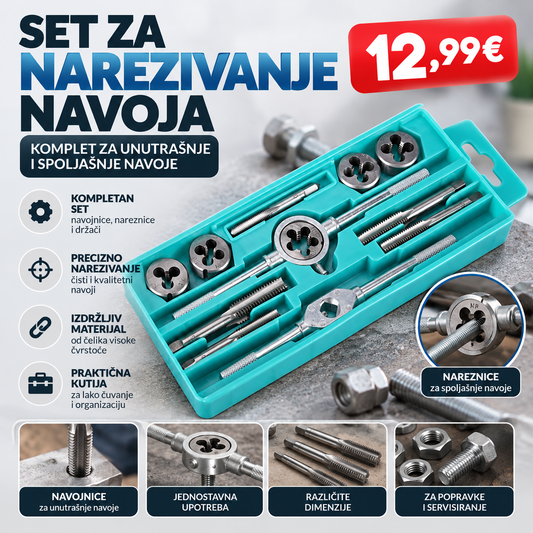 12-dijelni Set za Narezivanje Navoja – Tap & Die Set (M6–M12)