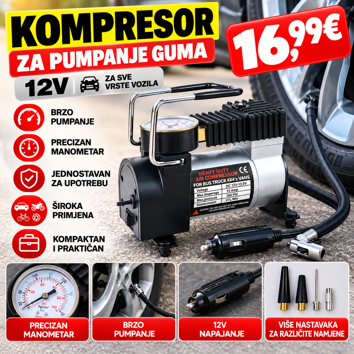 Kompresor za pumpanje guma 12V