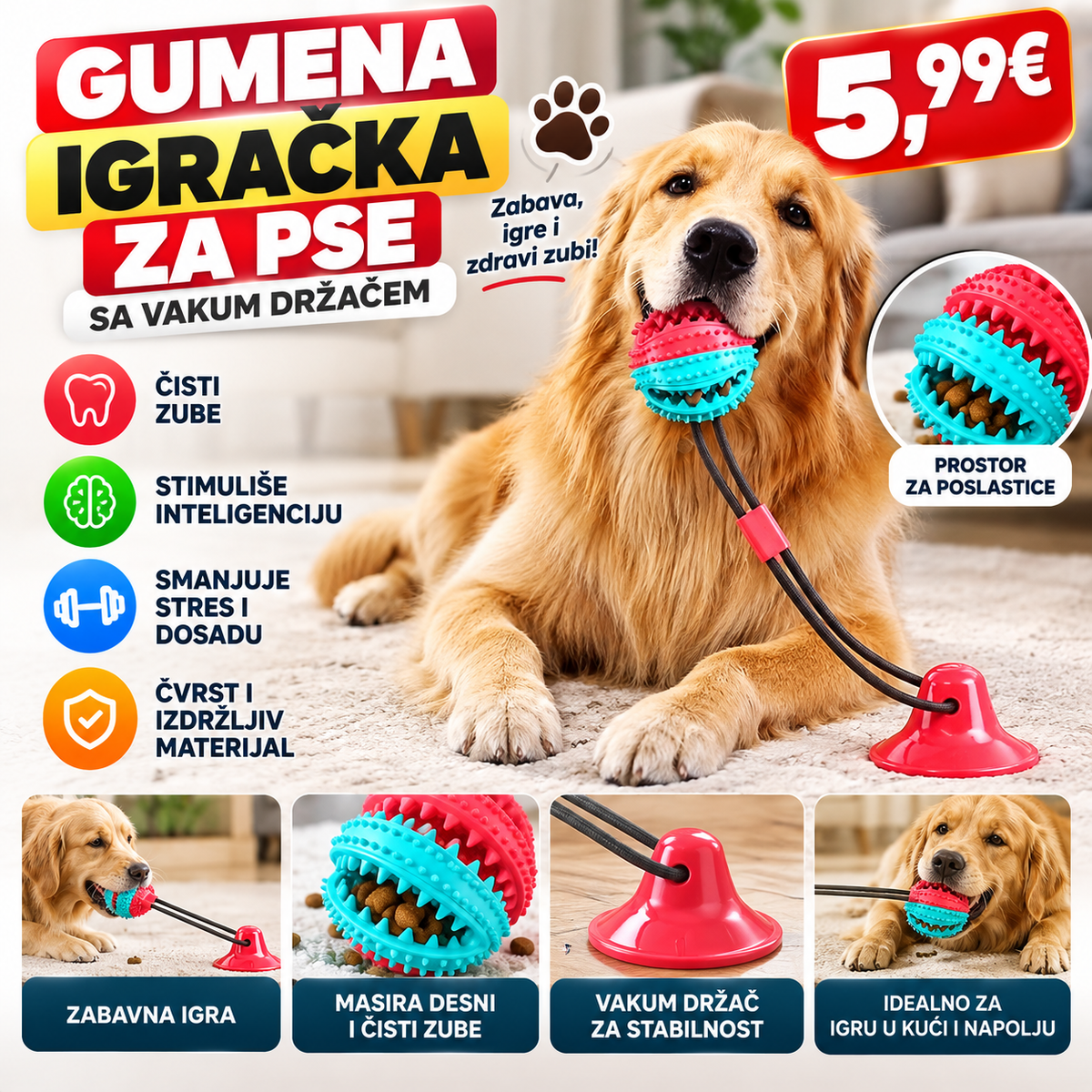 Gumena igracka za pse sa vakum drzacem