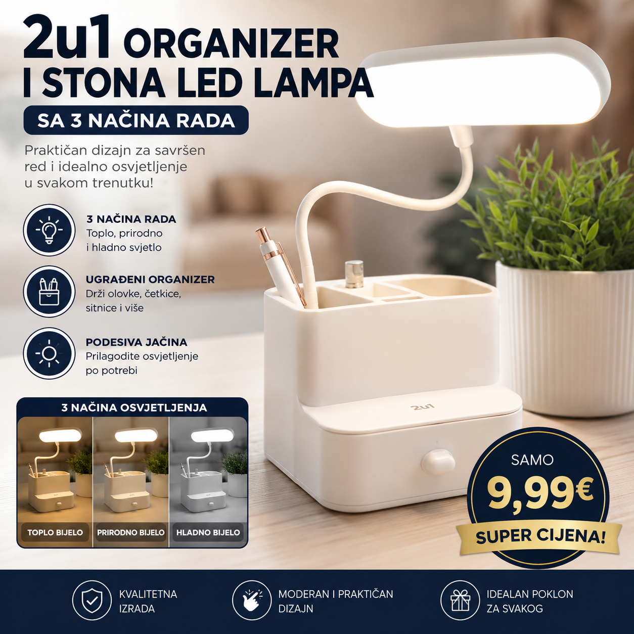 2u1 Organizator i LED Stona Lampa sa 3 Načina Osvjetljenja