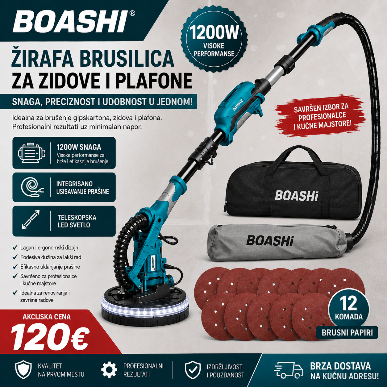 BOASHI ŽIRAFA BRUSILICA 1200W – PROFESIONALNO BRUŠENJE BEZ MUKE