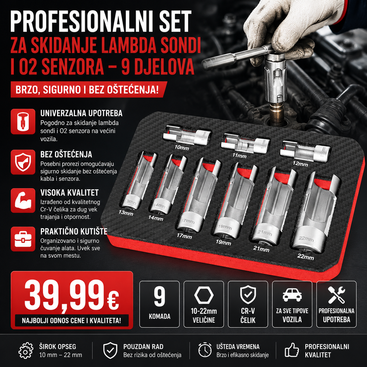 Profesionalni set za skidanje lambda sondi i O2 senzora – 9 djelova