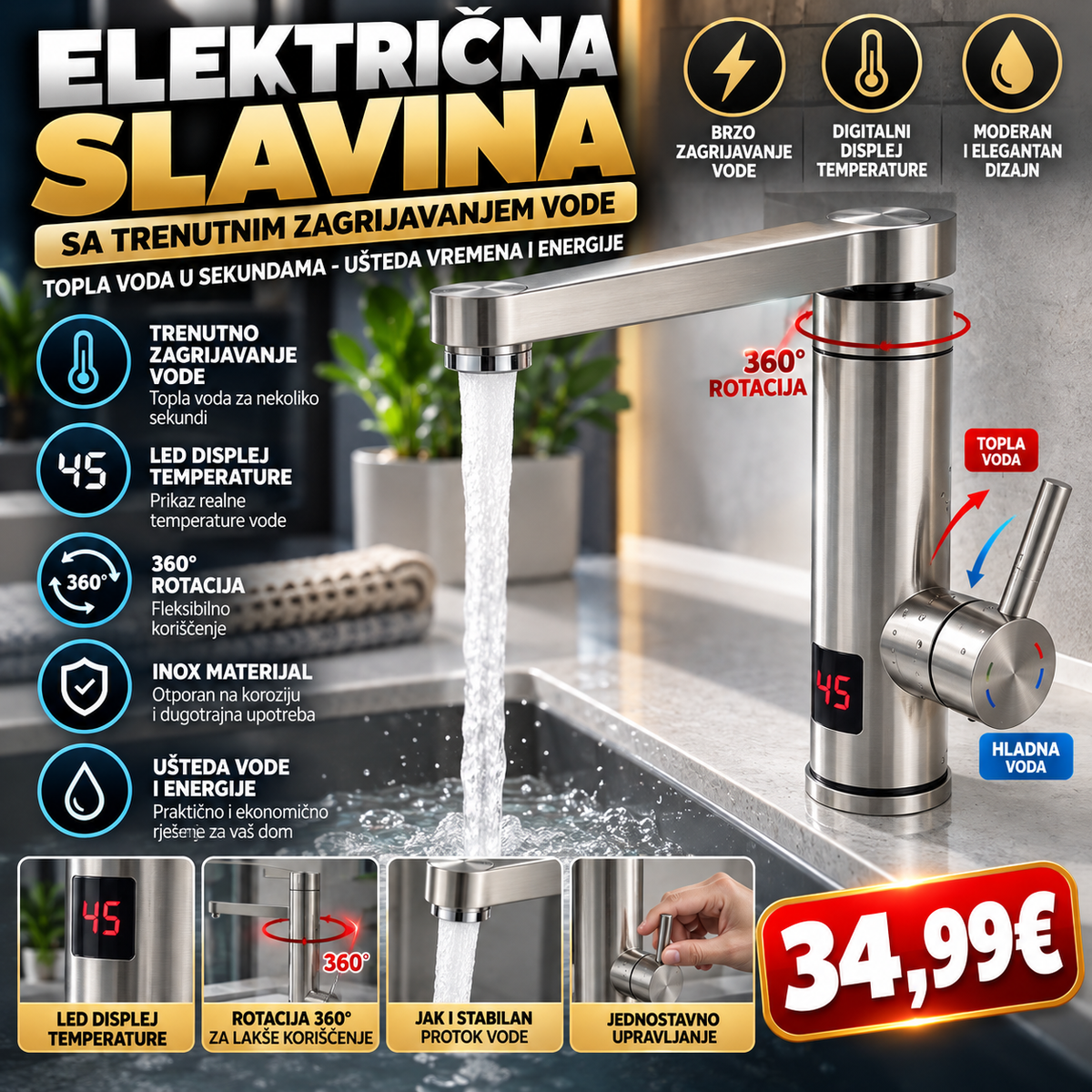 Električna slavina sa trenutnim zagrijavanjem vode i LED displejem – 360°