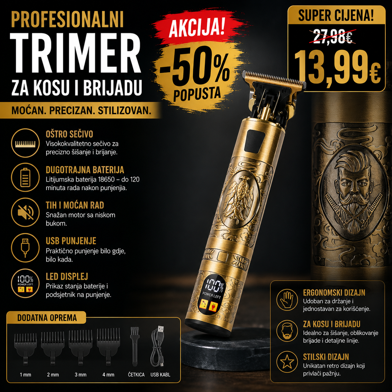 Profesionalni bežični trimer za kosu i bradu sa LED ekranom – USB punjenje