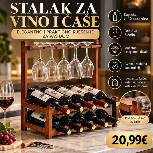 Stalak za vino i čaše – Drveni organizer za 10 boca i 5 čaša