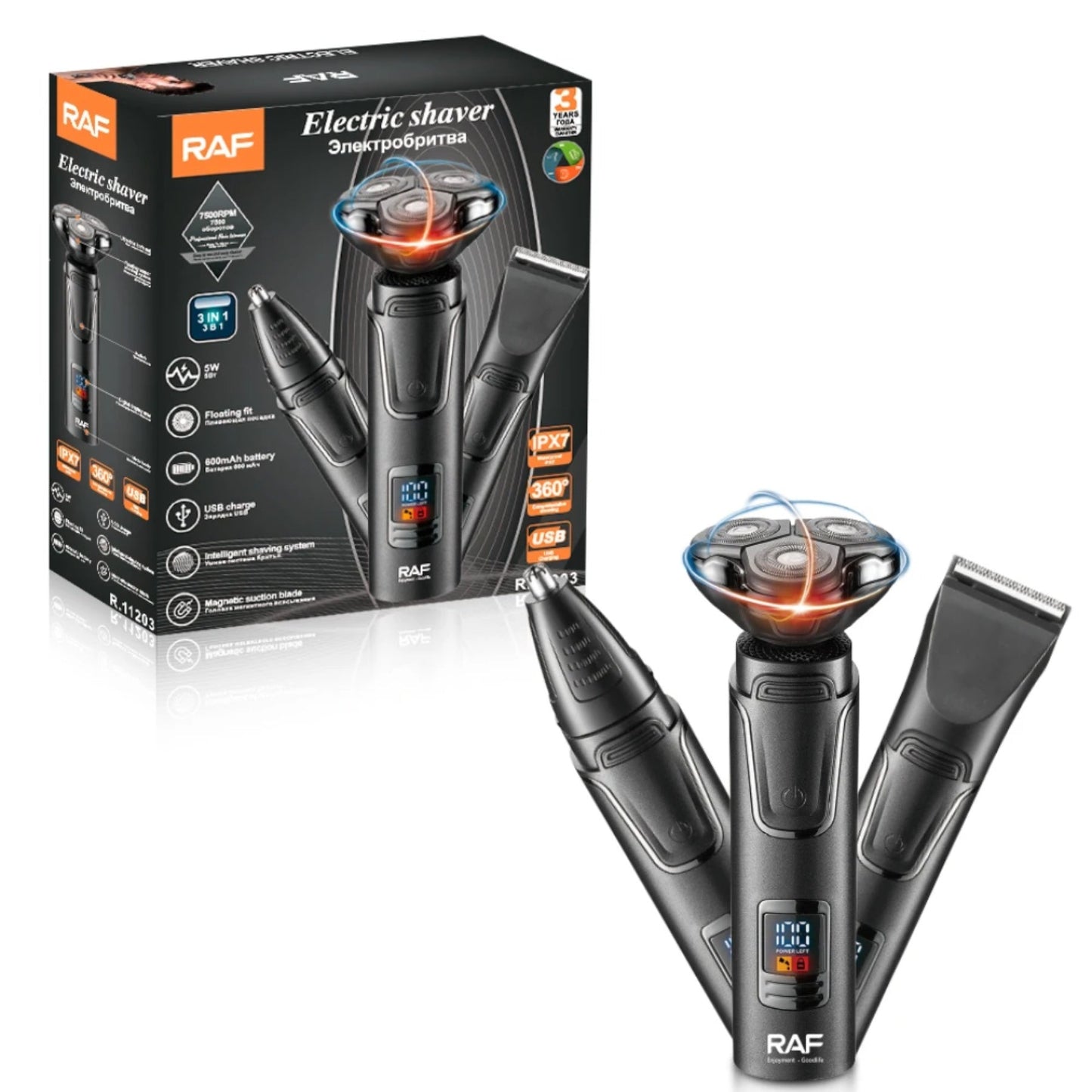 RAF – Električni brijač 3 u 1 (IPX7, USB, LED display)