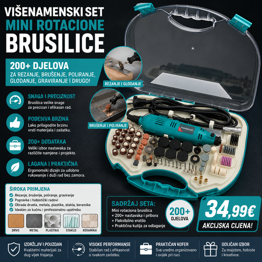 VIŠENAMJENSKI SET MINI ROTACIONE BRUSILICE – 200+ DJELOVA