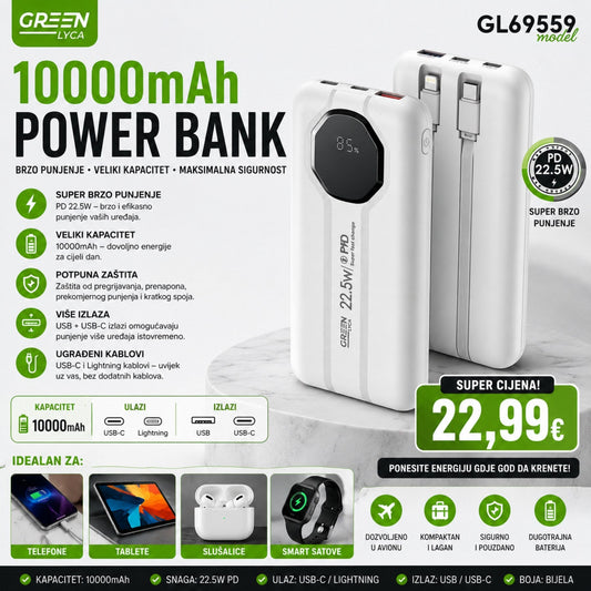 Power Bank 10000mAh PD 22.5W – Brzo Punjenje Gdje God Da Krenete!