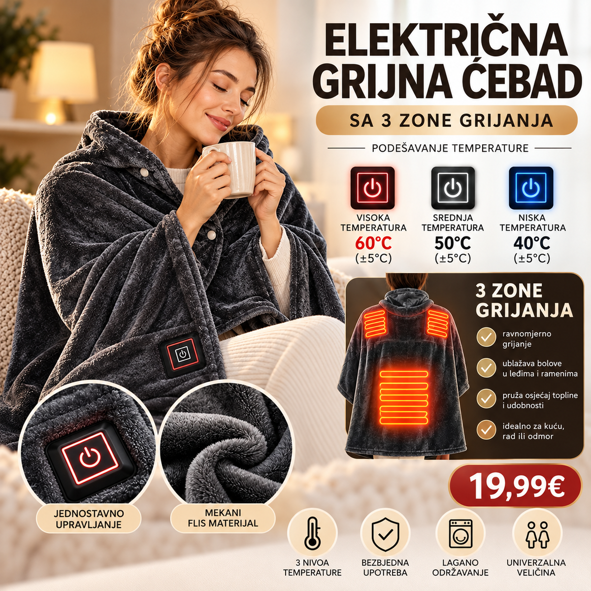 Električno grijno ćebe sa kapuljačom – 3 zone grijanja i 3 nivoa temperature