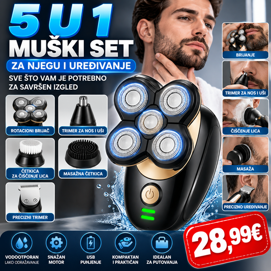 ELEKTRIČNI BRIJAČ 5 U 1 – MULTIFUNKCIONALNI SET ZA MUŠKU NJEGU