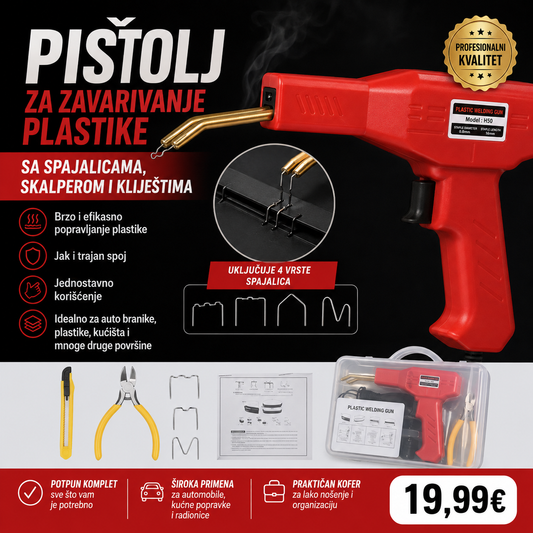Pistolj za zavarivanje plastike sa spajalicama  skalperom i kliještima